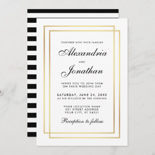 Modern Elegant Wedding Black White Striped Invite Kaart