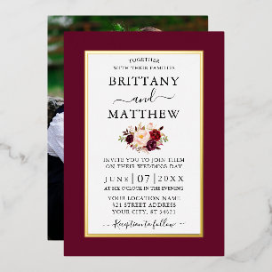 Modern Elegant Wedding Burgundy Floral Foto Gold Folie Uitnodiging