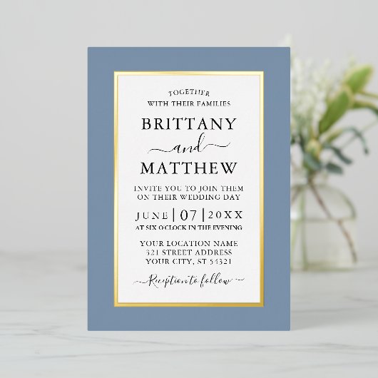 Modern Elegant Wedding Dusty Blue Gold Folie Uitnodiging (Staand Voorkant)