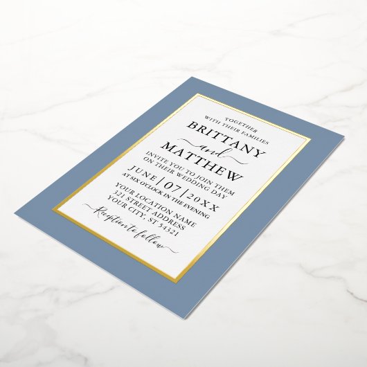 Modern Elegant Wedding Dusty Blue Gold Folie Uitnodiging (Gedraaid)