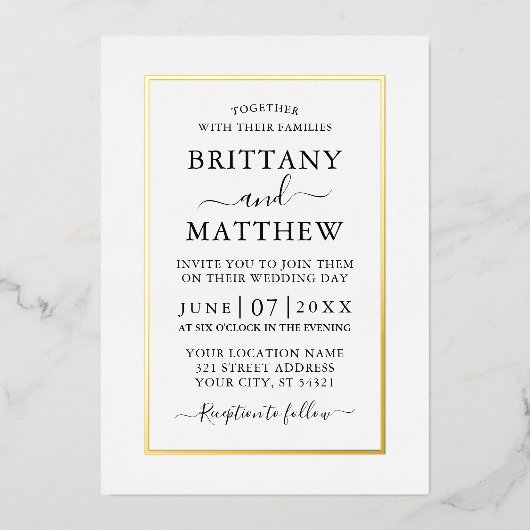 Modern Elegant Wedding White en Gold Folie Uitnodiging (Voorkant)