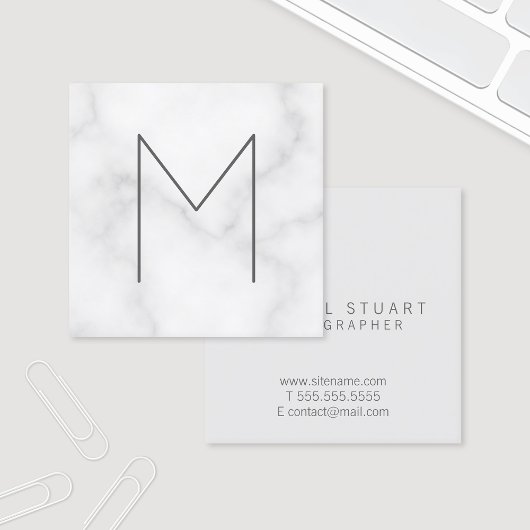 Modern Elegant White Marble Monogram Vierkante Visitekaartje