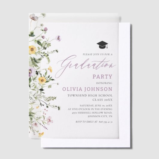 Modern Elegant Wildflower Afstudeerfeest Vellum Uitnodigingen (Offset)