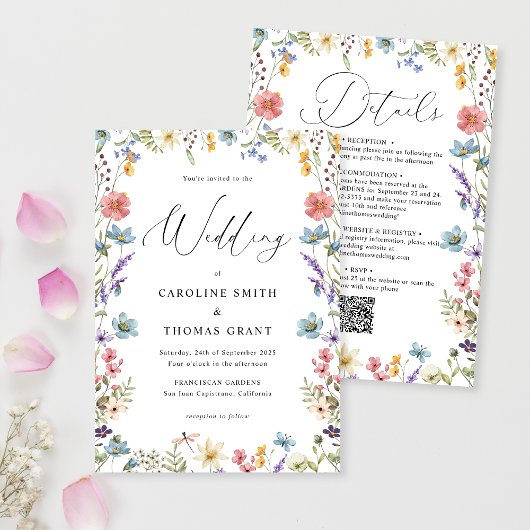 Modern Elegant Wildflower Script QR Code Bruiloft Kaart