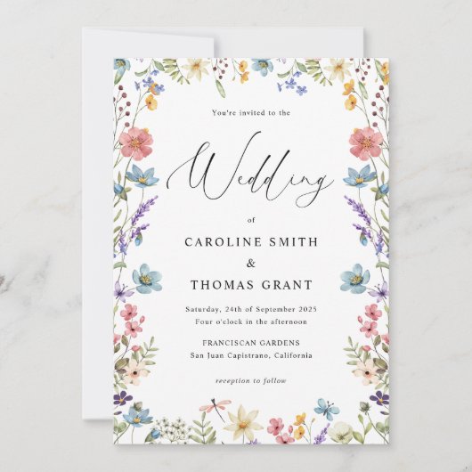 Modern Elegant Wildflower Script QR Code Bruiloft Kaart (Voorkant)
