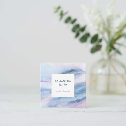 Modern Elegant Wit Blauw Waterverf Abstract Vierkante Visitekaartje (Staand voorkant)