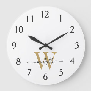 Modern Elegant Wit Goud Monogram Naam Script Grote Klok
