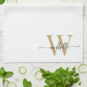 Modern Elegant Wit Goud Monogram Naam Script Theedoek (Gevouwen)