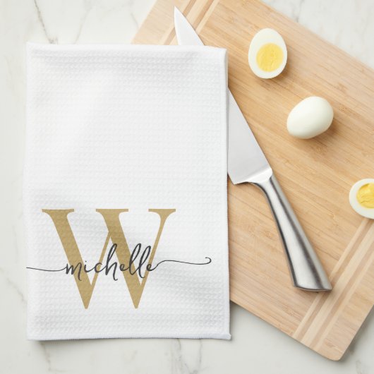 Modern Elegant Wit Goud Monogram Naam Script Theedoek (Quarter Fold)