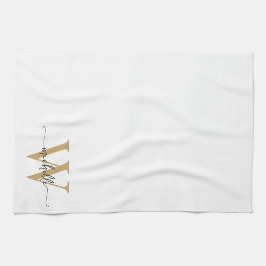 Modern Elegant Wit Goud Monogram Naam Script Theedoek (Horizontaal)
