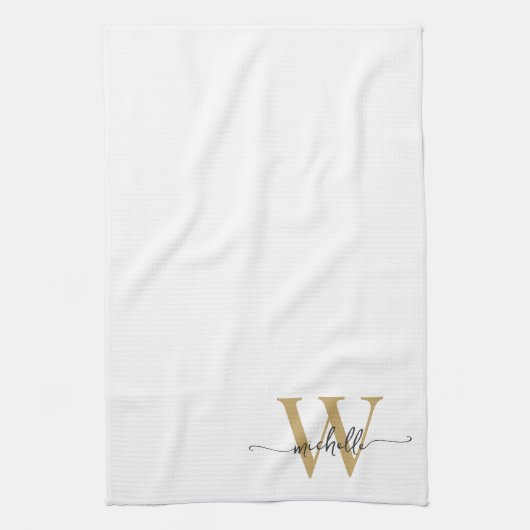 Modern Elegant Wit Goud Monogram Naam Script Theedoek (Verticaal)