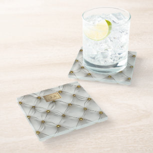 Modern Elegant Wit Leer Tufted Gold Glazen Onderzetter