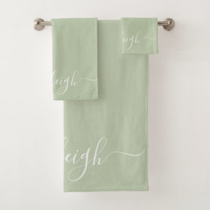 Modern Elegant Wit Script Naam Sage Groen Bad Handdoek