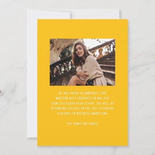 Modern Elegant Yellow Bow 2 Foto Afstuderen Aankondiging (Achterkant)
