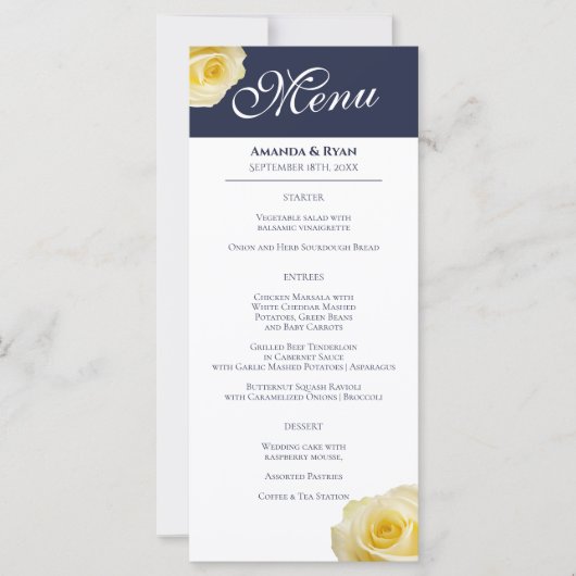 Modern Elegant Yellow Rose Floral Wedding Menu (Voorkant)