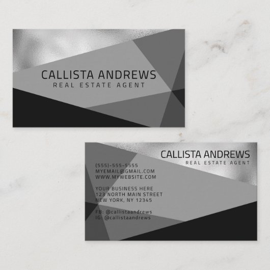 Modern Elegant Zilver Zwart Grijs Geometrisch Visitekaartje (Voorkant / Achterkant)