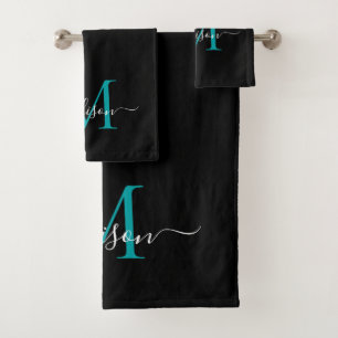 Modern Elegant Zwart Blauwgroen Monogram Script Na Bad Handdoek