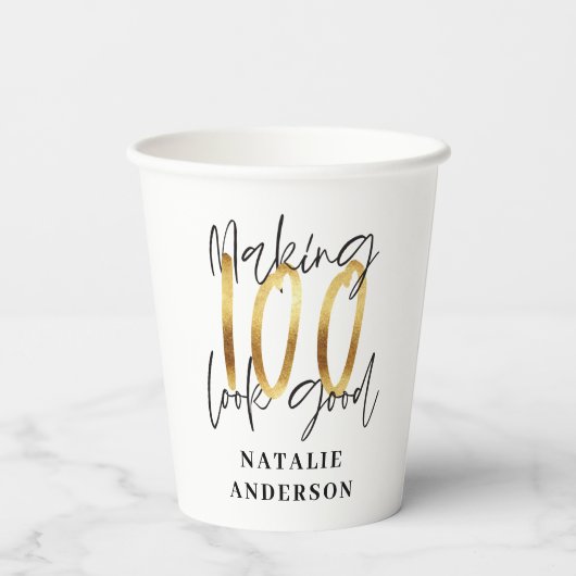 modern elegant zwart en goud 100e verjaardag papieren bekers (Achterkant)