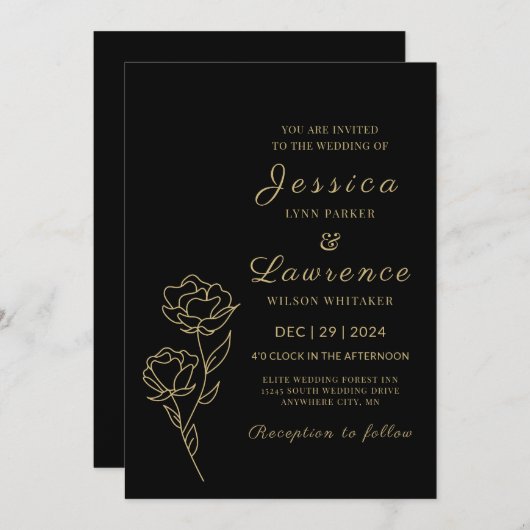 Modern Elegant zwart en goud Bloemen bruiloft Kaart (Voorkant / Achterkant)