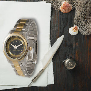 Modern Elegant Zwart en Goud Custom Name Two Tone Horloge