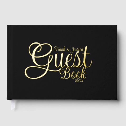 Modern Elegant Zwart en Goud Kalligrafie Script Gastenboek (Voorkant)