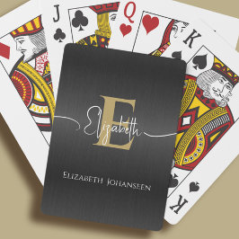 Modern Elegant Zwart Geborsteld Metaal Goud Monogr Pokerkaarten