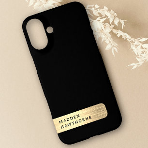 Modern Elegant Zwart Goud Faux Brushed Metal Chic iPhone 16 Plus Hoesje