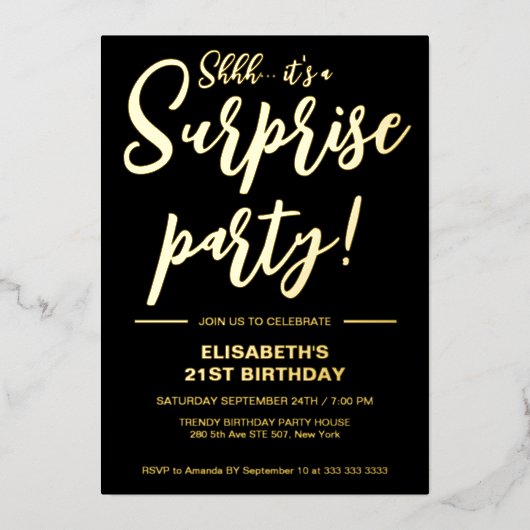Modern Elegant Zwart & Goud Verrassing Verjaardag Folie Uitnodiging (Voorkant)
