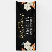 Modern Elegant Zwart Pensioen Bloemen Goud Script Spandoek (Verticaal)