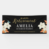 Modern Elegant Zwart Pensioen Bloemen Goud Script Spandoek (Horizontaal)