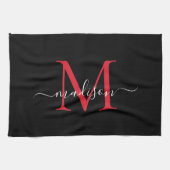 Modern Elegant Zwart Rood Bourgogne Monogram Scrip Theedoek (Horizontaal)