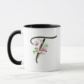 Modern Elegant Zwart Script Initiaal "F" Floral Mok (Links)