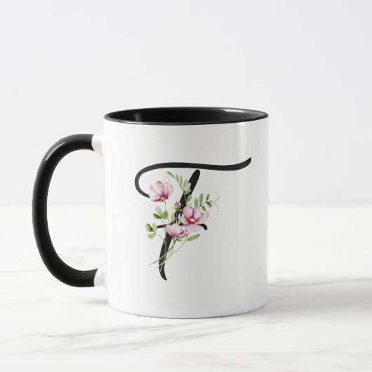 Modern Elegant Zwart Script Initiaal "F" Floral Mok (Links)