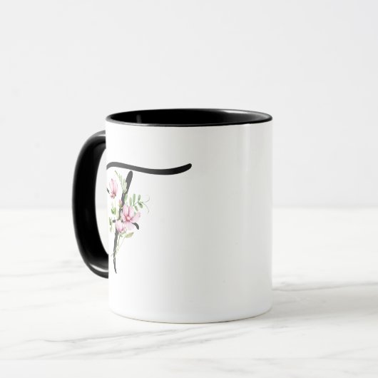 Modern Elegant Zwart Script Initiaal "F" Floral Mok (Voorkant links)