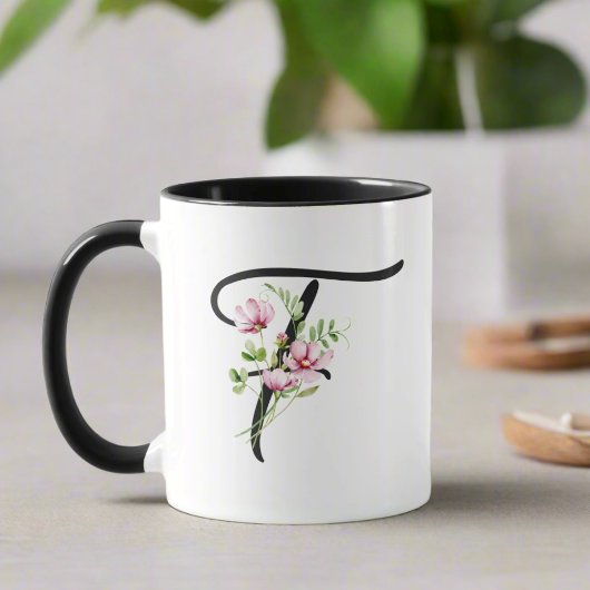 Modern Elegant Zwart Script Initiaal "F" Floral Mok