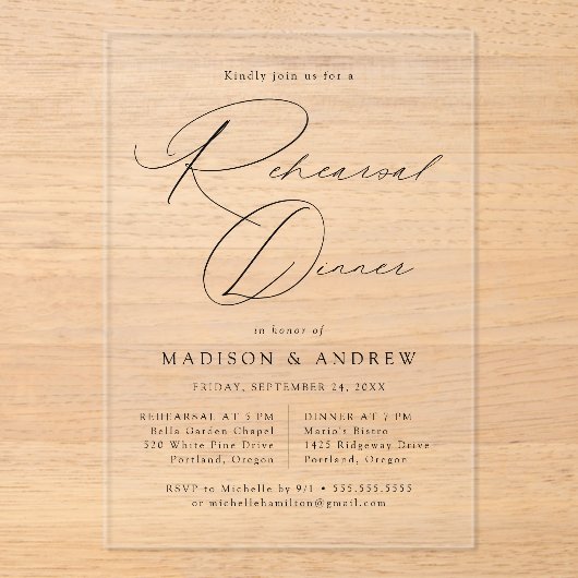 Modern Elegant Zwart Script repetitie diner Acryl Uitnodigingen (Voorkant)