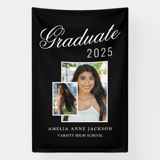 Modern Elegant Zwart & Wit 2025 Afstuderen Foto Spandoek
