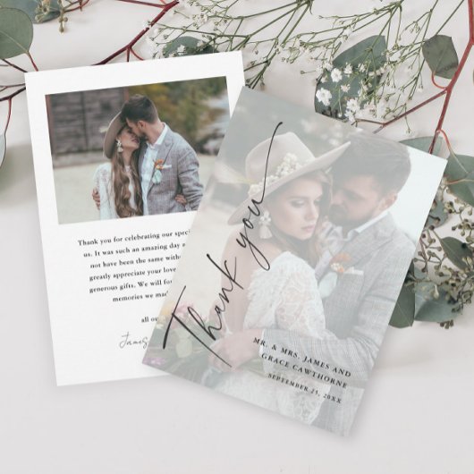 Modern Elegant Zwart-wit 2 foto bruiloft Bedankkaart