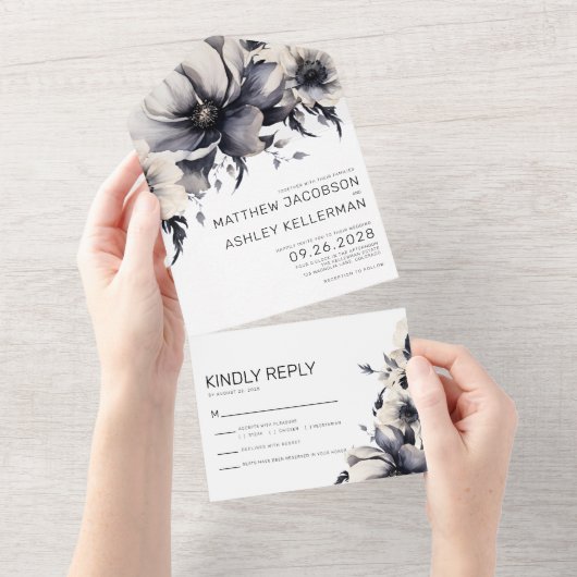 Modern Elegant Zwart Wit Bloemen Bruiloft All In One Uitnodiging (Afscheurbaar)