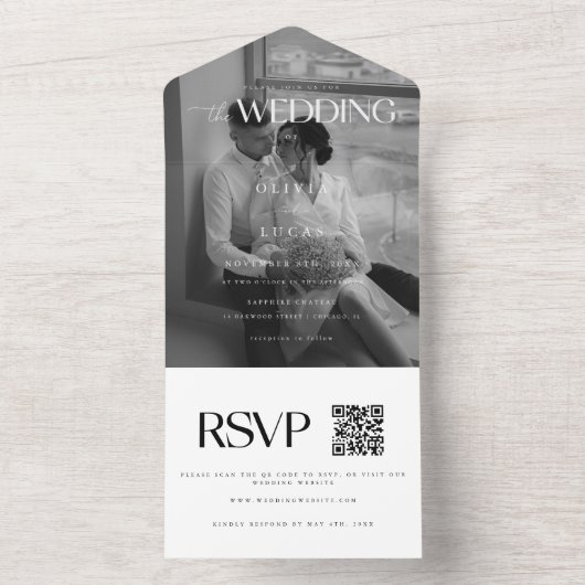 Modern & Elegant Zwart & Wit Fotobruiloft All In One Uitnodiging (Binnen)