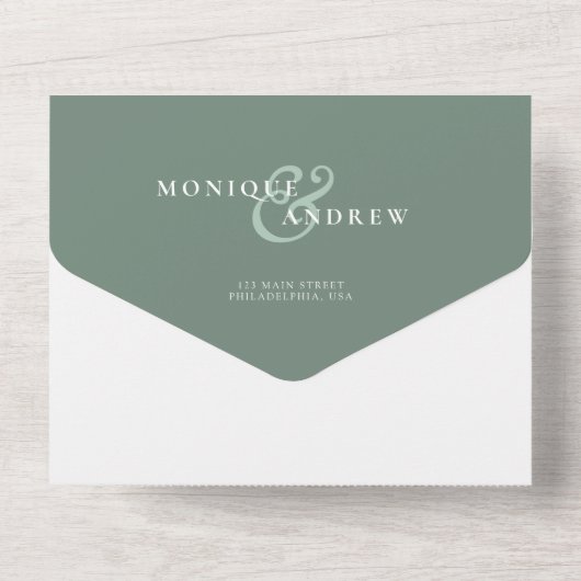 Modern Elegante Trouwkaart Sage Groene Script All In One Uitnodiging (Achterkant)