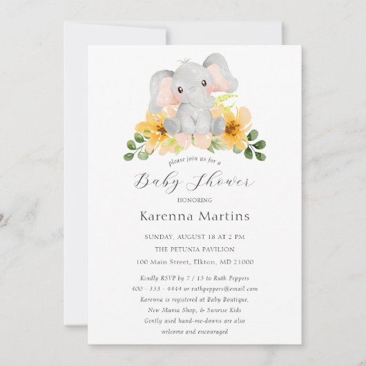 Modern Elephant Floral Script Baby shower Kaart (Voorkant)