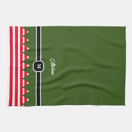 Modern Elf Pine Green Holiday Monogram Theedoek (Horizontaal)