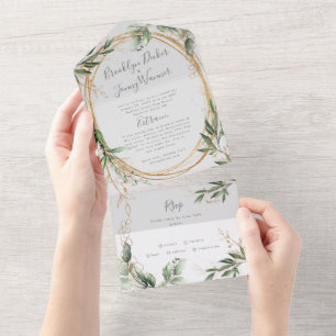 Modern Emerald Boho Tropical Eucalyptus Wedding All In One Uitnodiging