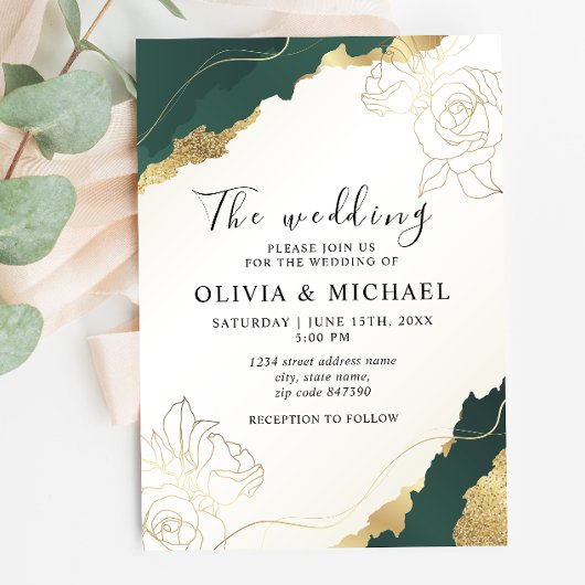 Modern Emerald Gold Wedding Invitation Kaart