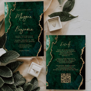 Modern Emerald Green Agate Script QR Code Wedding Kaart