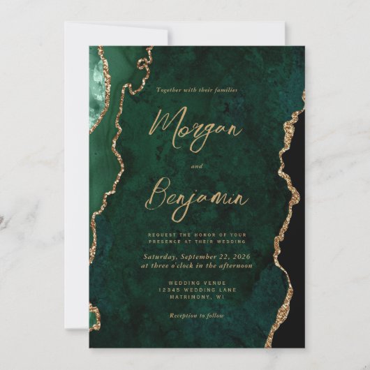 Modern Emerald Green Agate Script QR Code Wedding Kaart (Voorkant)