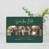 Modern Emerald Green and Gold Foil Wedding 3 Foto Save The Date (Staand voorkant)