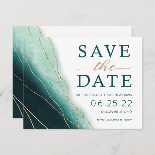 Modern Emerald Green and Gold Waterverf Save The Date (Voorkant / Achterkant)