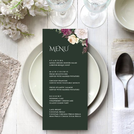 Modern Emerald Green Burgundy Peonies Menu Kaart